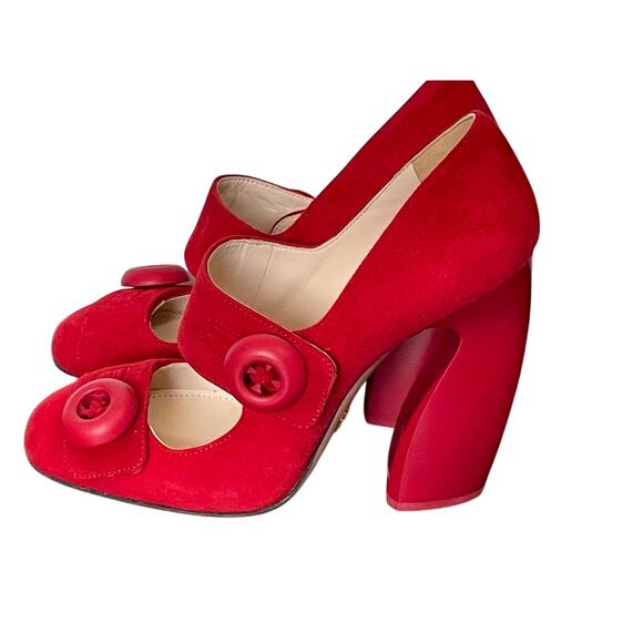 Prada Red Suede Button Mary Jane Pumps 6.5 - Picture 11 of 13